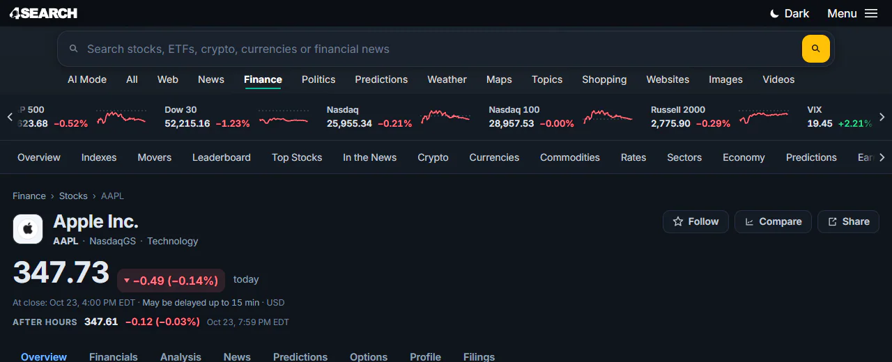 The same Finance quote page in the Dark theme: a dark header and dark page content