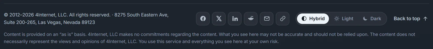 The bottom of a page with the colour theme chooser: three buttons named Hybrid, Light and Dark
