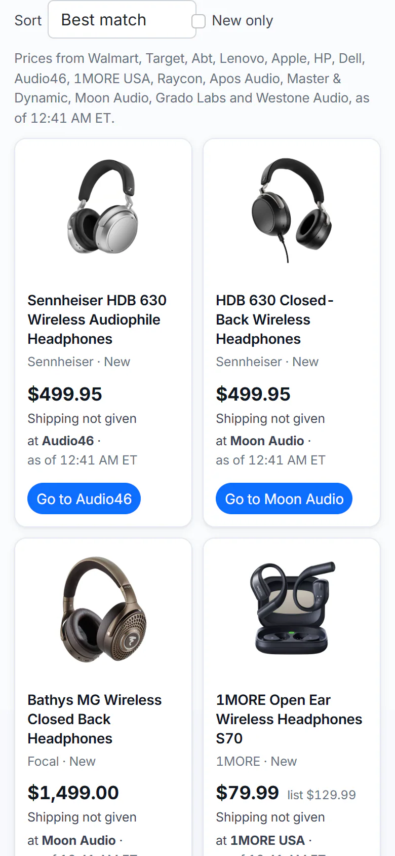 Store prices on a phone: the Sort menu and New only checkbox, the line naming the stores, and product cards in two columns