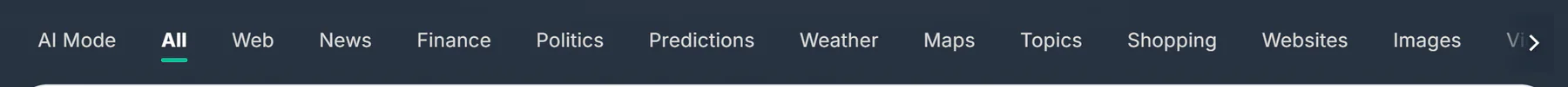 The row of service tabs on 4Search: AI Mode, All, Web, News, Finance, Politics, Predictions, Weather, Maps, Topics, Shopping, Websites, Images and Videos